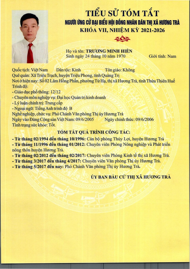 Tiểu sử và chương trình hành động của ông Trương Minh Hiền, ứng cử Đại biểu HĐND thị xã khóa VII, nhiệm kỳ 2021 - 2026